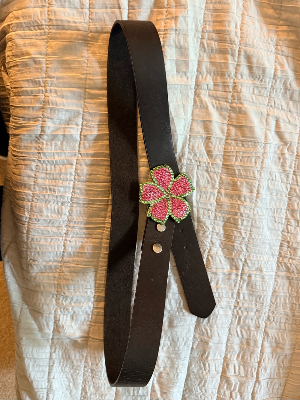 Brown Women's Belt with Summer Pink and Green Flower Buckle